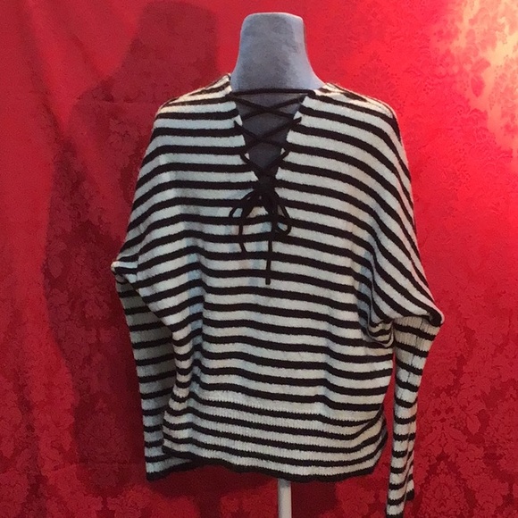 A.N.A black & white striped sweater with lace up tie back size small - Picture 4 of 5